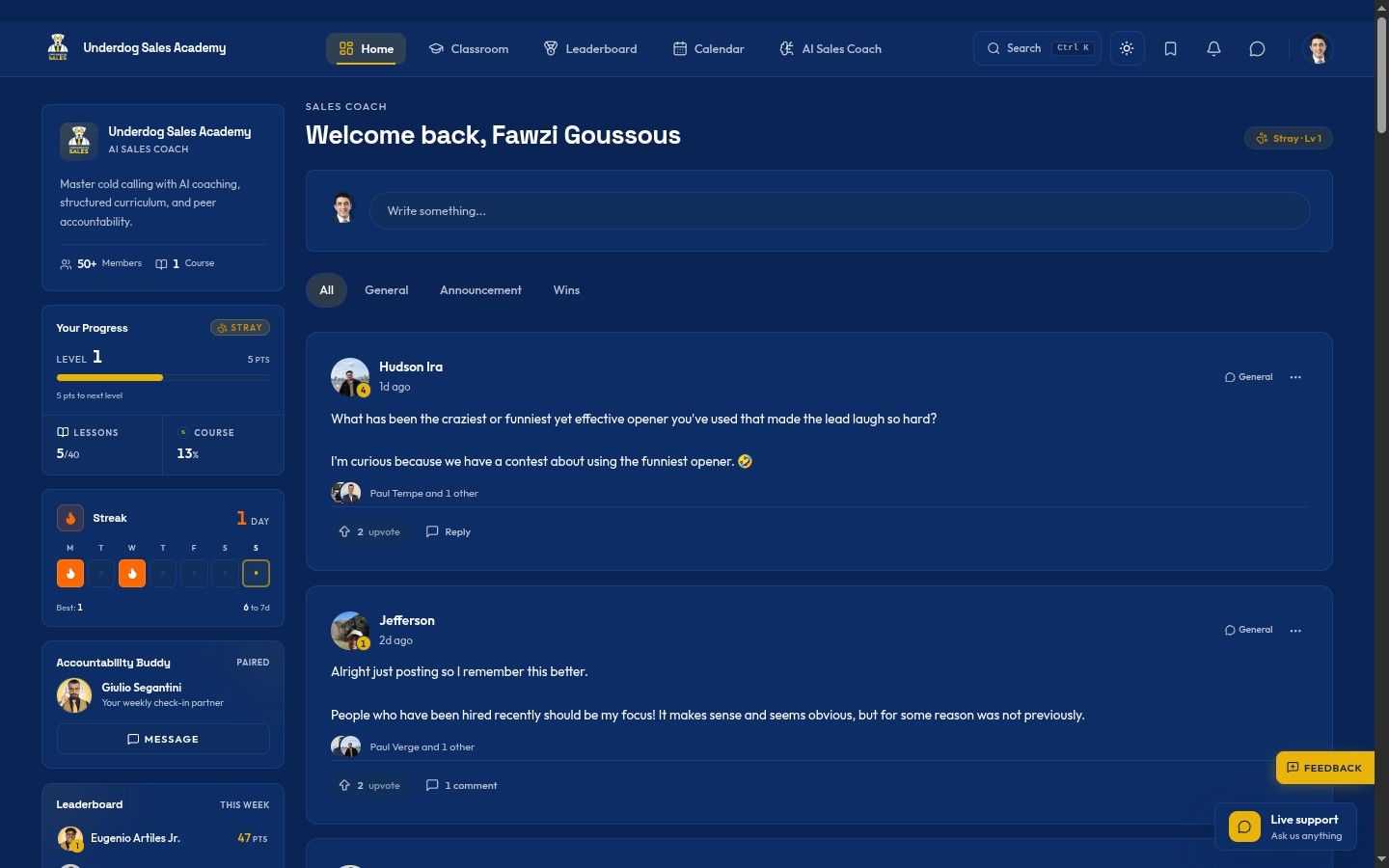 Underdog Sales Academy homepage screenshot