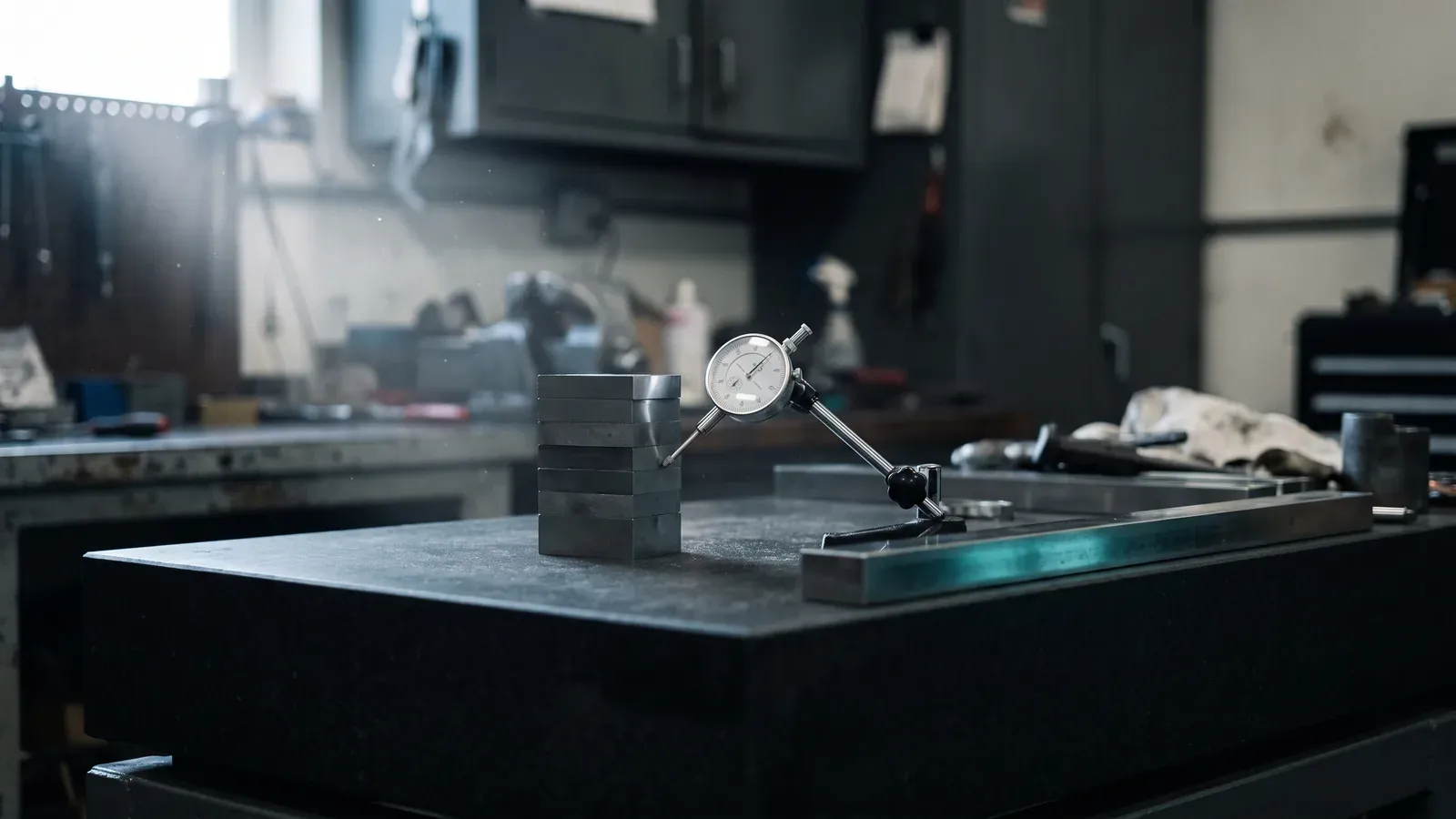 A dial test indicator poised against a stack of precision gauge blocks on a granite surface plate, the instruments that decide whether a measurement can be trusted