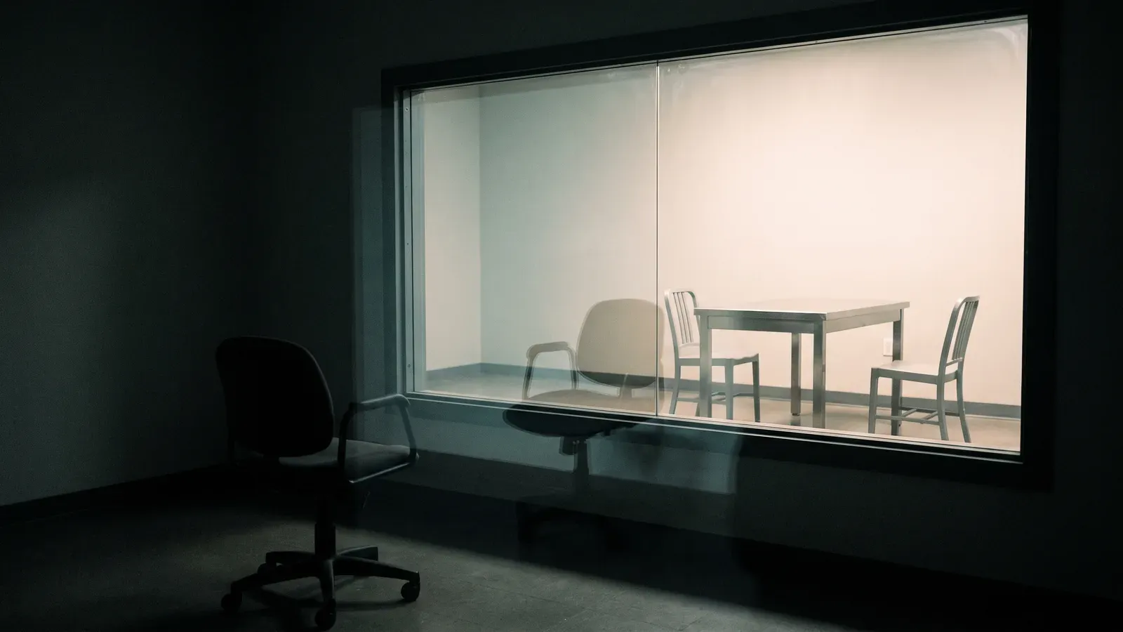 An empty interview room seen from the dark side of a one-way mirror, both rooms visible at once in the glass