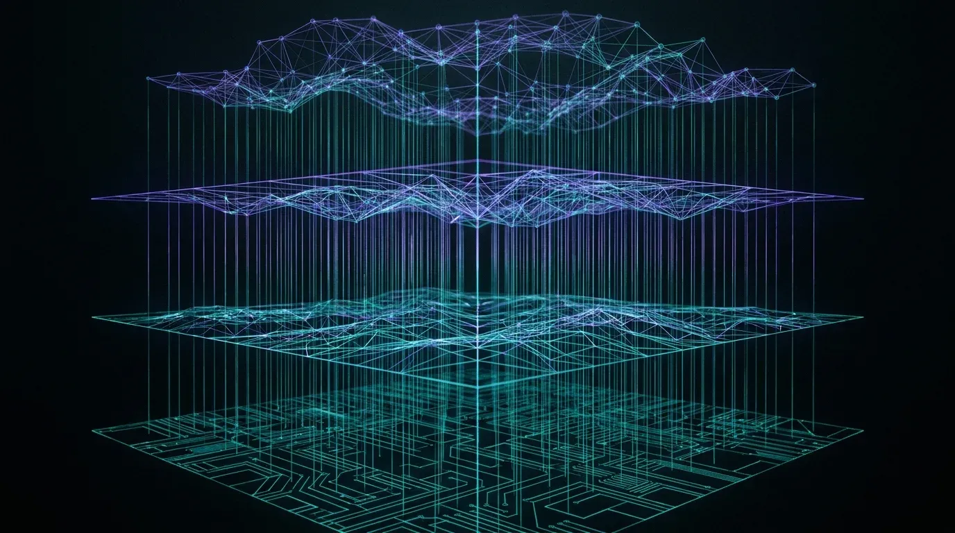 Four luminous layers stacked in perspective, connected by vertical filaments of light, representing the four layers of the 2026 AI agent stack