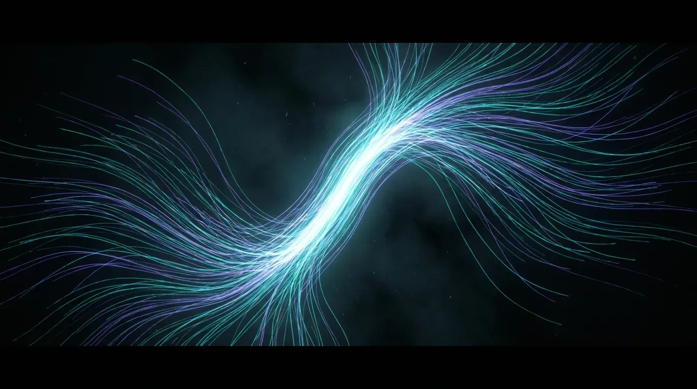 Many separate filament paths converging into a single bright unified spine of light, representing agent protocols consolidating under one standard