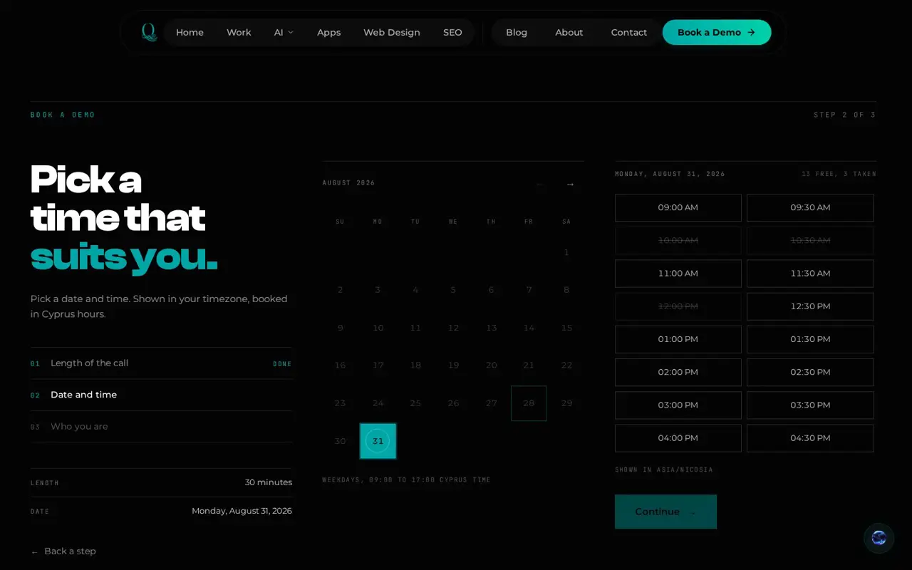 The Qualia booking system showing a live calendar with real availability
